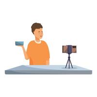 Influencer promoting product during live stream using smartphone vector