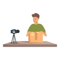 Influencer unboxing package in front of camera vector