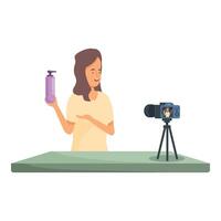 Beauty blogger recording product review using camera on tripod vector
