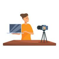 Blogger holding laptop recording blog using camera on tripod vector