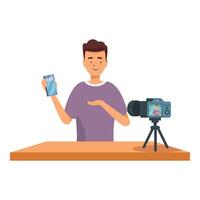 Influencer recording blog about new smartphone using camera on tripod vector