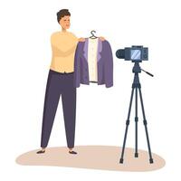 Fashion blogger recording showing suit using camera on tripod vector