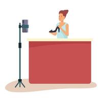 Store employee is presenting a high heel shoe while recording a product review blog vector