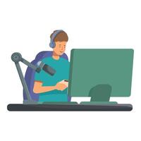 Radio host using smartphone during live podcast recording vector