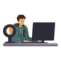 Young man working as a radio host from his home studio vector