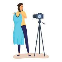 Fashion blogger recording content using camera on tripod vector