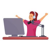 Radio host speaking into microphone recording podcast vector