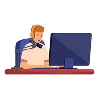 Radio host speaking in microphone and recording podcast vector