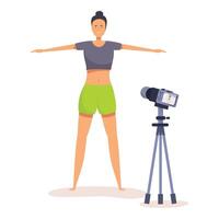 Fitness blogger recording online training program with camera on tripod vector