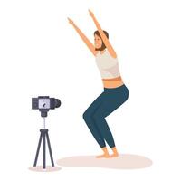 Young woman is recording yoga tutorial using action camera on tripod vector