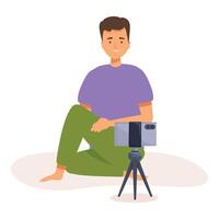 Blogger recording using smartphone on tripod at home vector