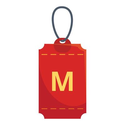 Red size tag with letter m hanging on string