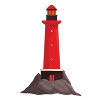 Red lighthouse standing on rocks guiding ships with bright light vector