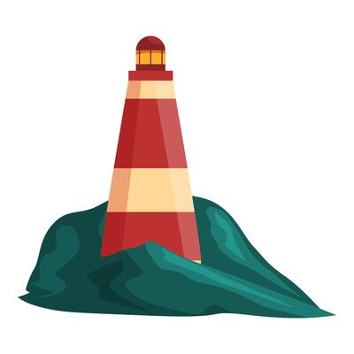 Tall red and white lighthouse standing on green rock formation