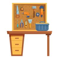 Handyman organizing tools on pegboard above workbench vector