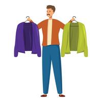 Man choosing clothes on hanger, comparing two jackets, decision making vector