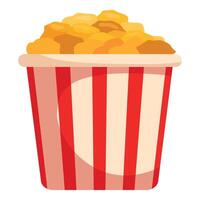 Big red and white striped popcorn bucket overflowing with buttery popcorn vector