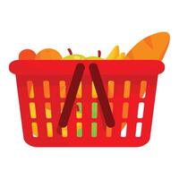 Red shopping basket full of groceries with apples, oranges and bread isolated on white background vector