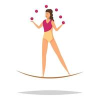 Smiling woman acrobat juggling on tightrope balancing performance vector