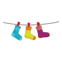 Three colorful socks are drying on a clothesline vector