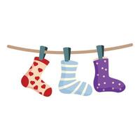 Three colorful socks are hanging on a clothesline vector