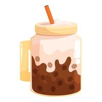 Bubble tea in glass jar with whipped cream and straw being served vector