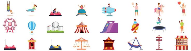 Kids amusement park icons set. People are having fun in the amusement park, enjoying various attractions and entertainment vector