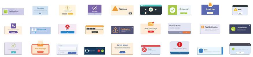 Alert box ui icons set. Set of various pop up windows displaying notifications, messages and errors vector