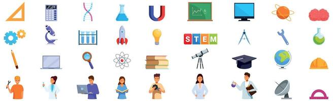 Stem education icons set. Science and engineering concept with scientists, engineers and students working and studying vector