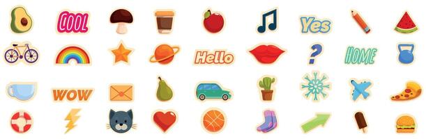 Sticker planner icons set. Set of stickers with everyday objects and words representing different concepts vector