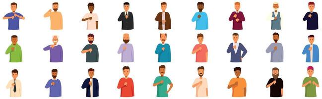 Man show dislike icons set. Diverse group of men showing dislike with thumbs down gesture vector