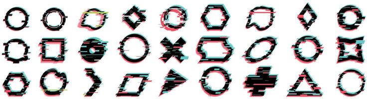 Circle glitch effect icons set. Collection of geometric shapes glitching with rgb colorshift vector
