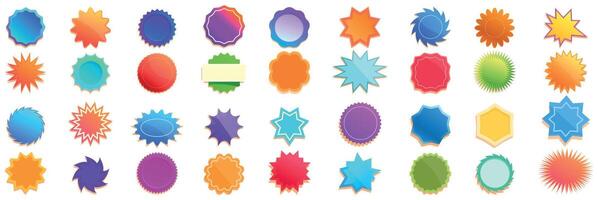 Starburst price icons set. Collection of colorful gradient blank starburst stickers offering space for text vector