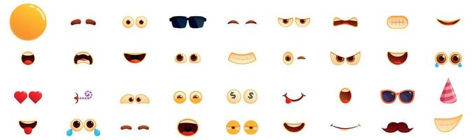 Emoji creator icons set. Cartoon faces showing different emotions with eyes and mouths vector