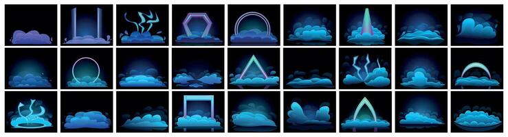 Ground blue smoke icons set. Futuristic portals with neon glowing shapes appearing from clouds on dark background vector