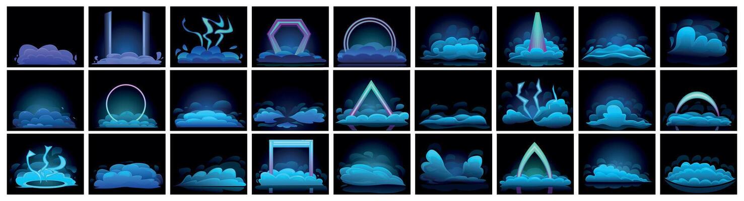 Ground blue smoke icons set. Futuristic portals with neon glowing shapes appearing from clouds on dark background