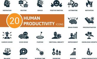 Human Productivity icon set. Inspiration, Routine, Genius, Positive Emotion, Automatism, Motivation, Brain Power, Procrastination, Career Choise, Good Sense icons and more vector