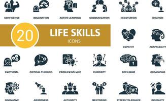 Life Skills icon set. Confidence, Imagination, Active Learning, Communication, Negotiation, Ideation, Empathy, Adaptability, Emotional, Critical Thinking icons and more vector
