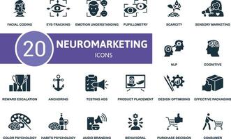 Neuromarketing icon set. Facial Coding, Eye-Tracking, Emotion Understanding, Pupillometry, Scarcity, Sensory Marketing, Nlp, Cognitive, Reward Escalation, Anchoring icons and more vector
