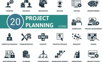 Project Planning icon set. Thinking, Dialogue, Imagination, Big Idea, Testing, Brainstorming, Workplace, Project Management, Computer Engineer, Premium Service icons and more vector