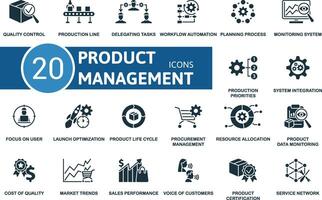 Product Management icon set. Quality Control, Production Line, Delegating Tasks, Workflow Automation, Planning Process, Monitoring System, Production Priorities, System Integration, Focus On User vector