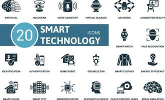 Smart Technology icon set. Artificial, Hologram, Voice Assistant, Virtual Glasses, Air Drone, Augmented Reality, Smart Watch, Face Recognition, Identification, Authentication icons and more vector