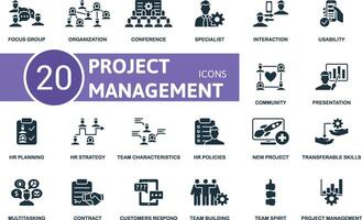 Project Management thin line icon set. Focus Group, Organization, Conference, Specialist, Interaction, Usability, Community, Presentation, Hr Planning, Hr Strategy icons and more vector