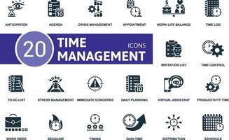 Time Management icon set. Anticipation, Agenda, Crisis Management, Appointment, Work-Life Balance, Time Log, Irritation List, Time Control, To Do List, Stress Management icons and more vector