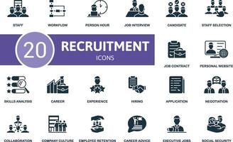 Recruitment icon set. Staff, Workflow, Person Hour, Job Interview, Candidate, Staff Selection, Job Contract, Personal Website, Skills Analysis, Career icons and more vector