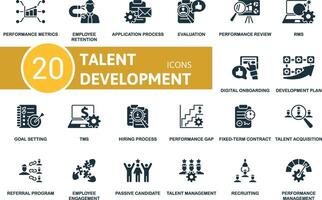 Talent Development icon set. Performance Metrics, Employee Retention, Application Process, Evulation, Performance Review, Rms, Digital Onboarding, Development Plan, Goal Setting, Tms icons and more vector