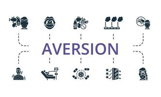 Aversion icon set. Monochrome simple Aversion icon collection. Food Allergy, Adenoids, Allergen, Air Pollution, Elimination Diet, Anaphylaxis, Chemotherapy, Antibiotic Resistant, Hepa Filter vector