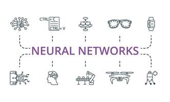 Neural Networks icon set. Monochrome simple Neural Networks icon collection. Big Data, Pattern, Algorithm, Smart Glasses, Smart Watch, Smart Lens, Neural Interface, Robotic Conveyor, Air Drone vector