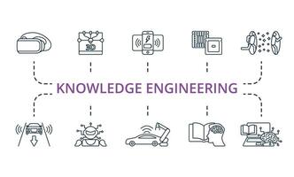 Knowledge Engineering icon set. Monochrome simple Knowledge Engineering icon collection. Virtual Reality Helmet, 3D Printer, Wireless Charging, Processor, Teleportation, Autopilot, Ai Robot vector