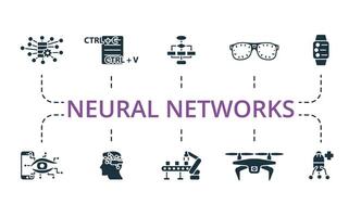 Neural Networks icon set. Monochrome simple Neural Networks icon collection. Big Data, Pattern, Algorithm, Smart Glasses, Smart Watch, Smart Lens, Neural Interface, Robotic Conveyor, Air Drone vector
